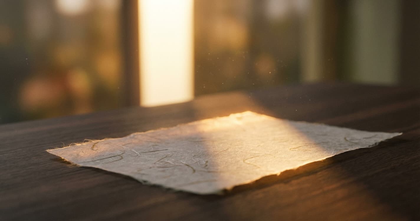 A translucent sheet of handmade washi paper illuminated by warm golden light on a dark walnut surface.