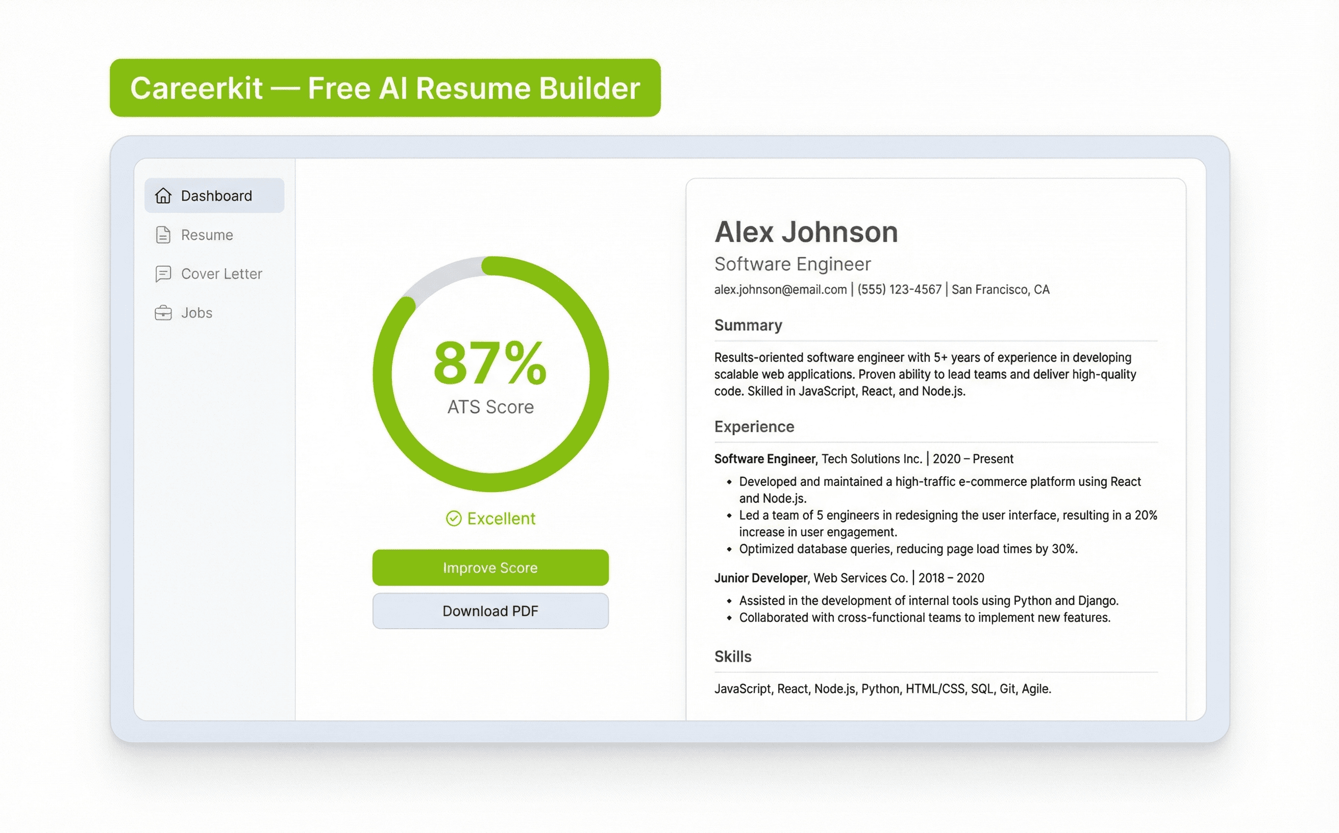 Careerkit AI-powered resume builder interface showing ATS-optimized templates and job description analysis